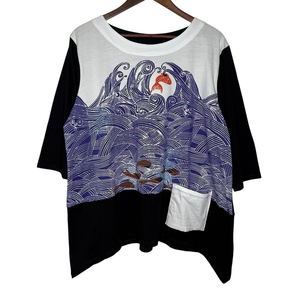 NWT Art To Wear M Cupcake International Oversized Tunic Top Seven Fish‎ For Luck